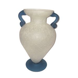 Silvestri Mouth Blown White Crackle Art Glass Vase Blue Handles Vintage 13.5 in